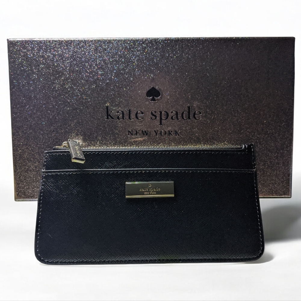 Kate Spade Boxed Large Black Patent Saffiano Slim Cardholder W/ Zip, NWT/NIB